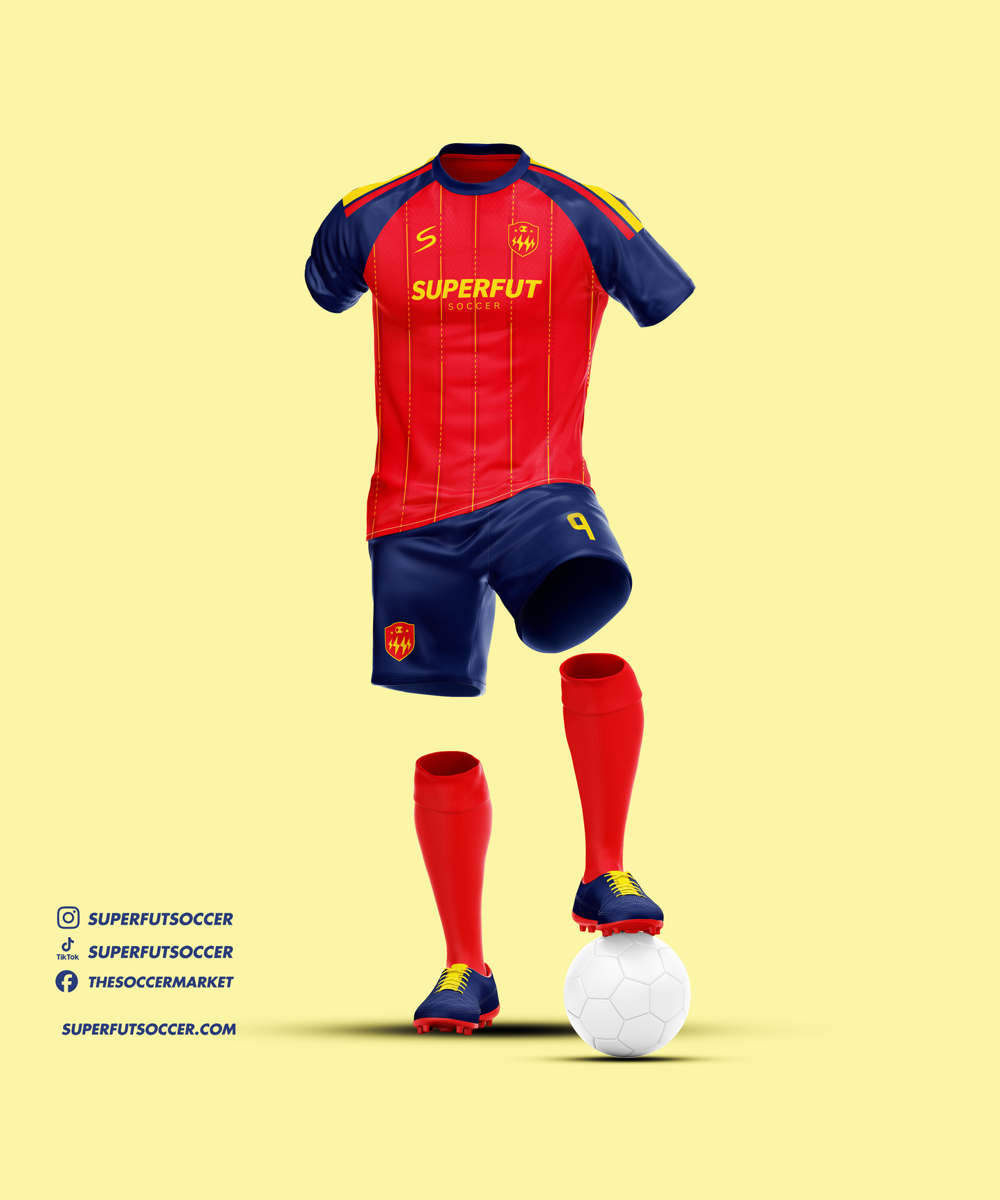 Red, Yellow & Blue Soccer Kit – Full Custom (Jersey + Shorts + Socks)