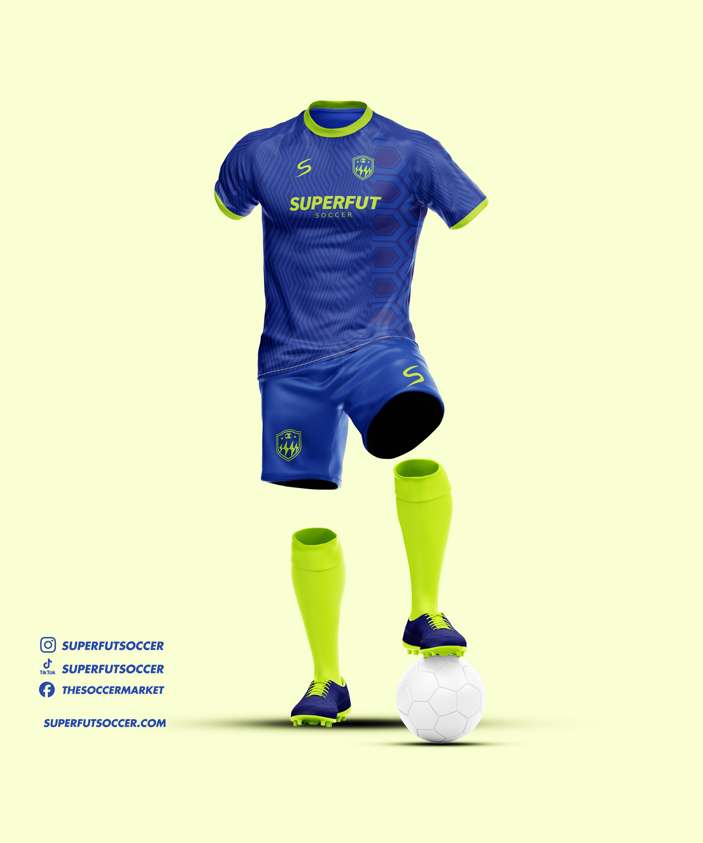 Kit de fútbol azul y verde – Personalizado (Camiseta + Pantalones cortos + Calcetines)