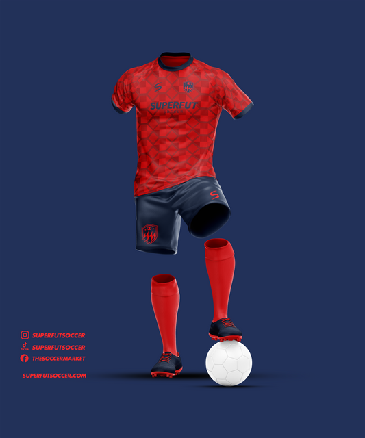 Red Geometric Soccer Kit – Full Custom (Jersey + Shorts + Socks)