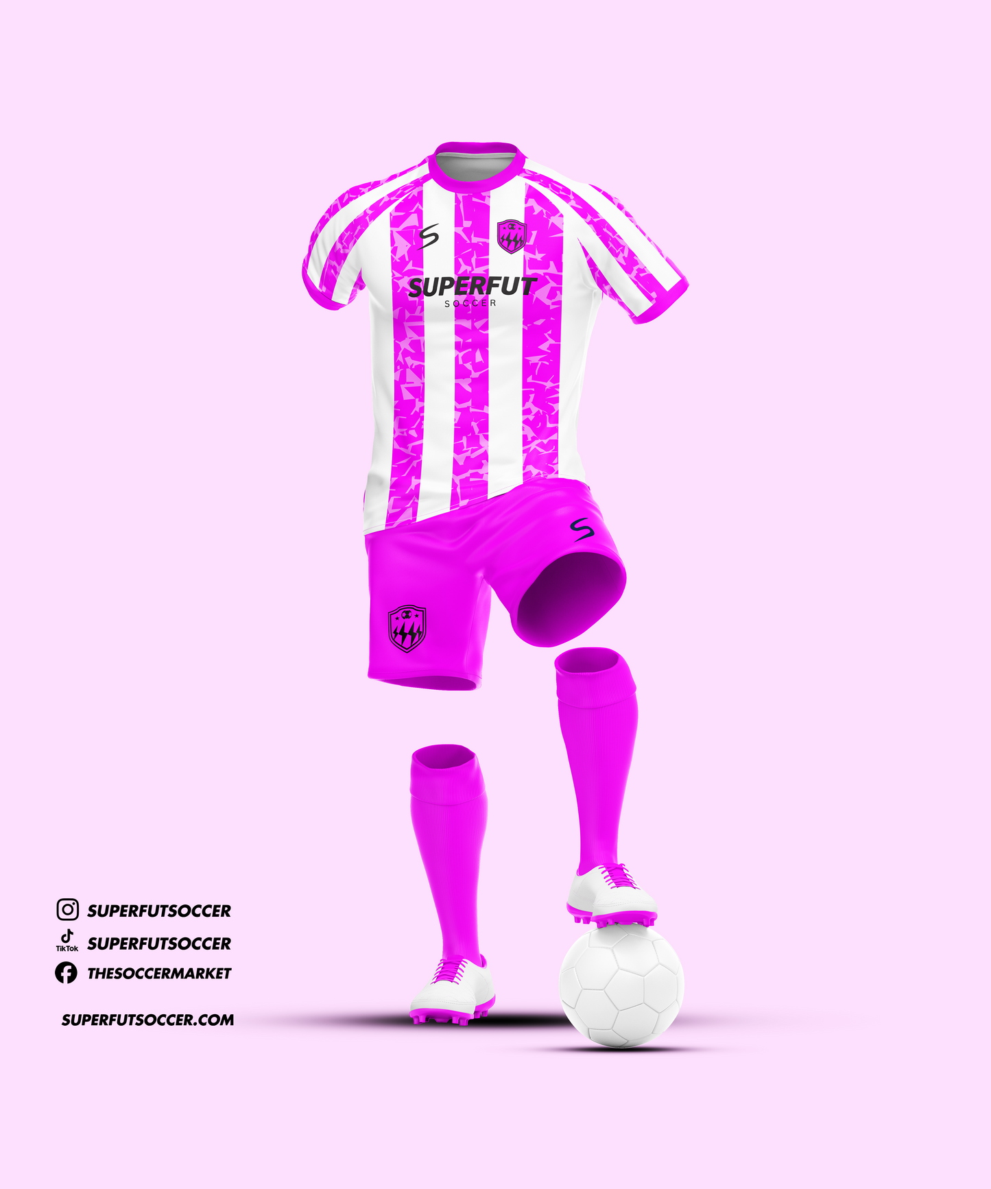 Kit de fútbol de rayas rosas y blancas – Totalmente personalizado (Camiseta + Pantalones cortos + Calcetines)