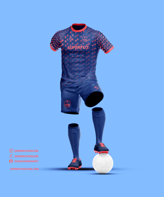 Blue & Red Shapes Soccer Kit – Full Custom (Jersey + Shorts + Socks)