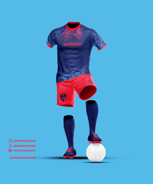 Blue & Red Dots Soccer Kit – Full Custom (Jersey + Shorts + Socks)